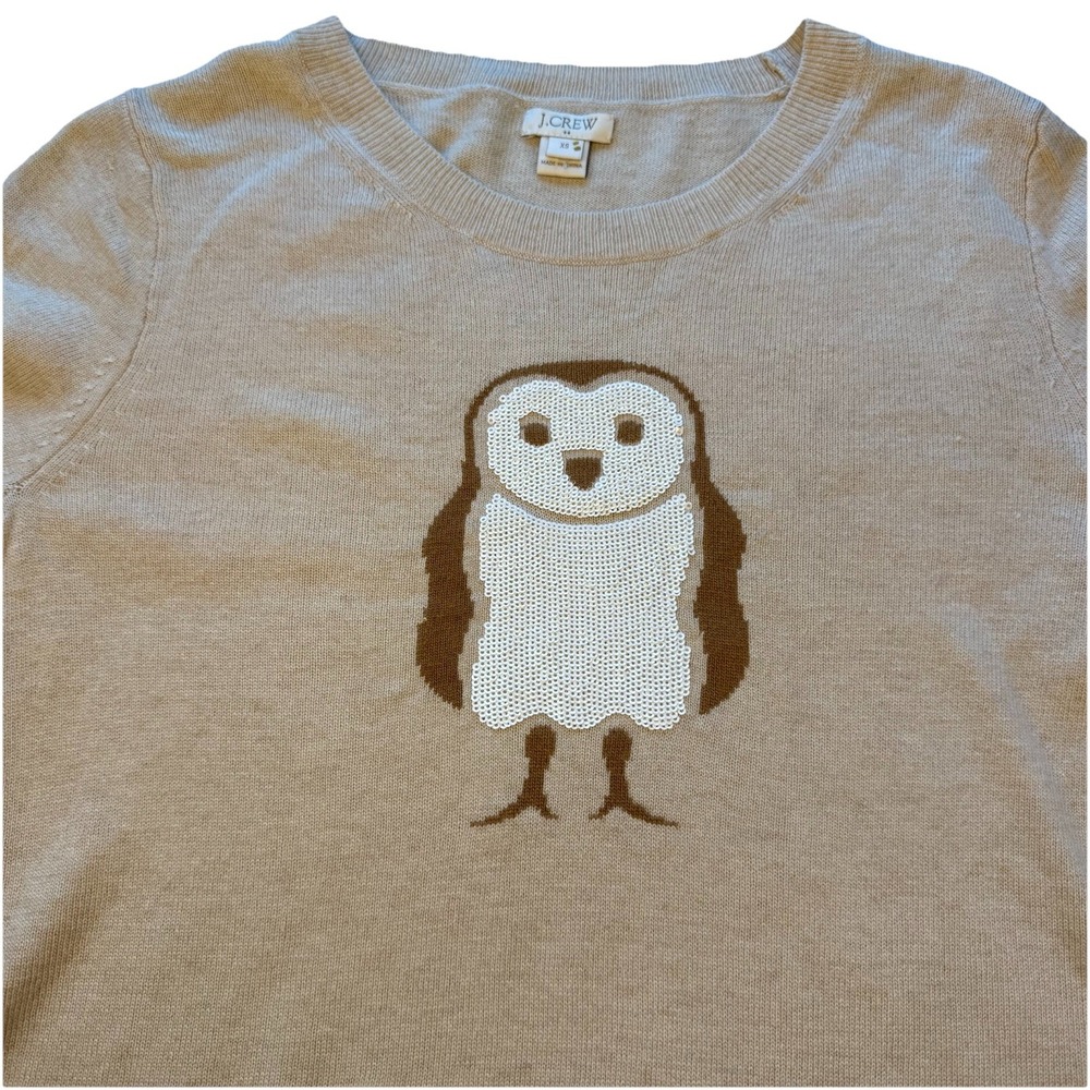 J. Crew Intarsia Sequin Owl Sweater E3435 Oatmeal Beige Color Wool Blend XS‎